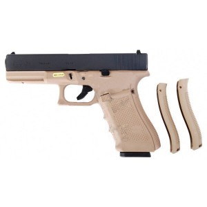 Страйбкольный пистолет WE GLOCK-17 gen5, металл слайд, сменные накладки, TAN/BLACK F Version WE-G001FVB-BK